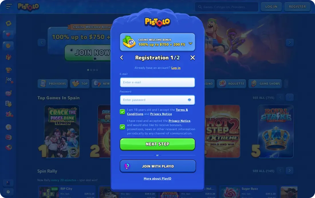 pistolo casino registration