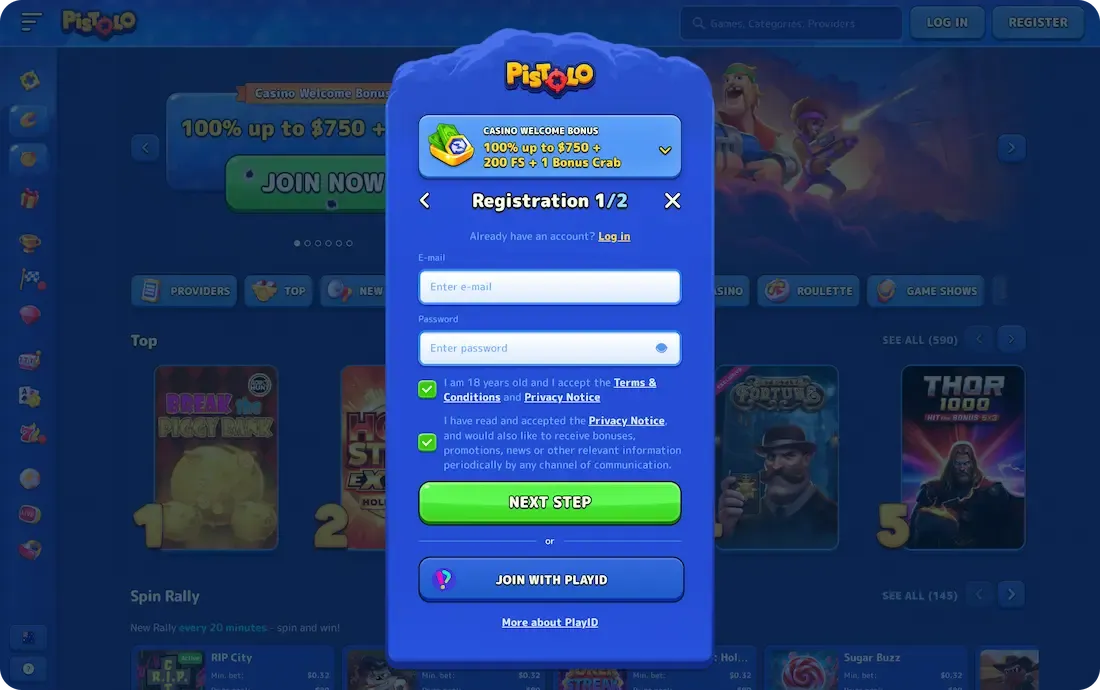 pistolo casino registration